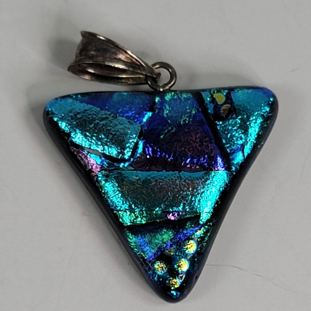 Dichroic Glass Triangle Pendant Teal Blue Iridescent Mosaic Art Glass Jewelry